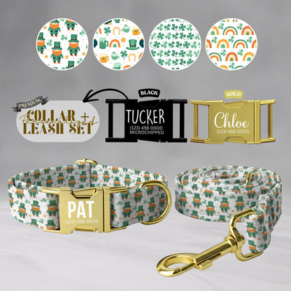 Lucky Pup Personalized Dog Collar  St. Patricks Day Shamrocks, Leprechauns & Rainbows Collar (OG-433)