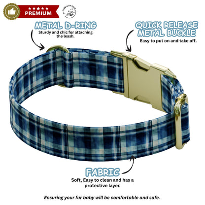 Blue Plaid Personalized Dog Collar & Leash Set Custom Tartan Boy Pet ID Gift (OG-489)
