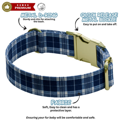 Blue Plaid Personalized Dog Collar & Leash Set Custom Tartan Boy Pet ID Gift (OG-490)
