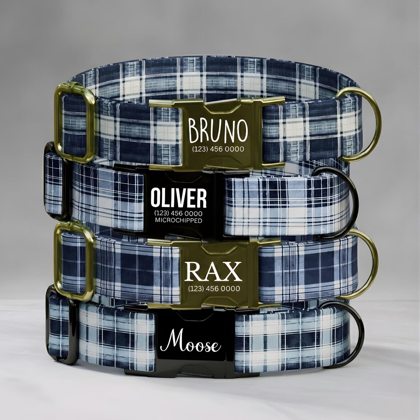 Blue Plaid Personalized Dog Collar & Leash Set Custom Tartan Boy Pet ID Gift (OG-490)