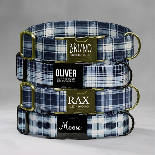 Blue Plaid Personalized Dog Collar & Leash Set Custom Tartan Boy Pet ID Gift (OG-490)