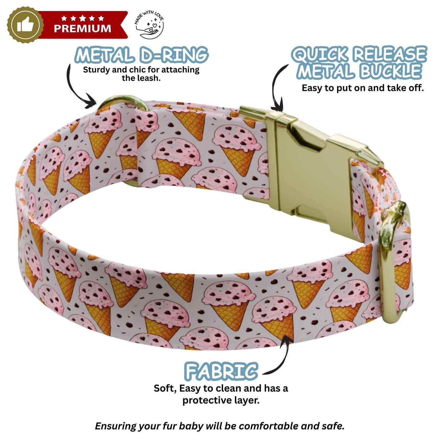 Vanilla Chocolate Chip Ice Cream Personalized Dog Collar Engraved Buckle, Handmade in USA (OG-494)