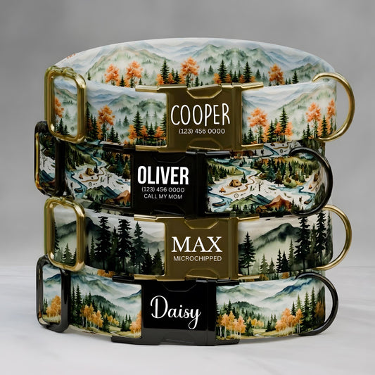 Adventure Forest Dog Collar Mountain Landscape Collar Personalized Engraved Buckle, Handmade in USA (OG-496)