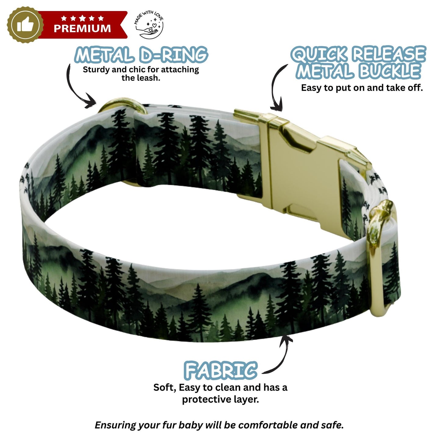 Adventure Forest Dog Collar Mountain Landscape Collar Personalized Engraved Buckle, Handmade in USA (OG-496)