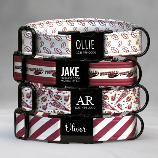 Football Saturday Dog Collar Cardinal Red & White Personalized Football-Inspired Pup Collar Custom Name Sporty Striped Pet Gift (OG-437)