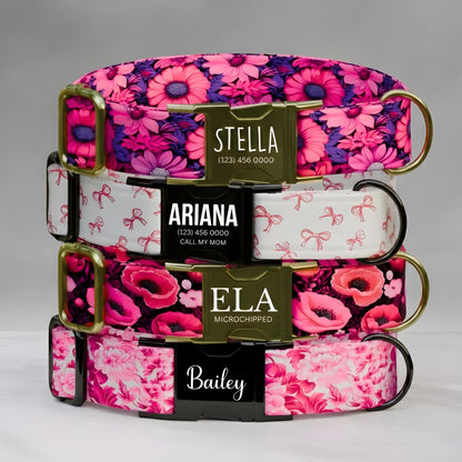 Pretty In Pink Personalized Floral Dog Collar Custom Flower Girly Dog Accessories (OG-502)