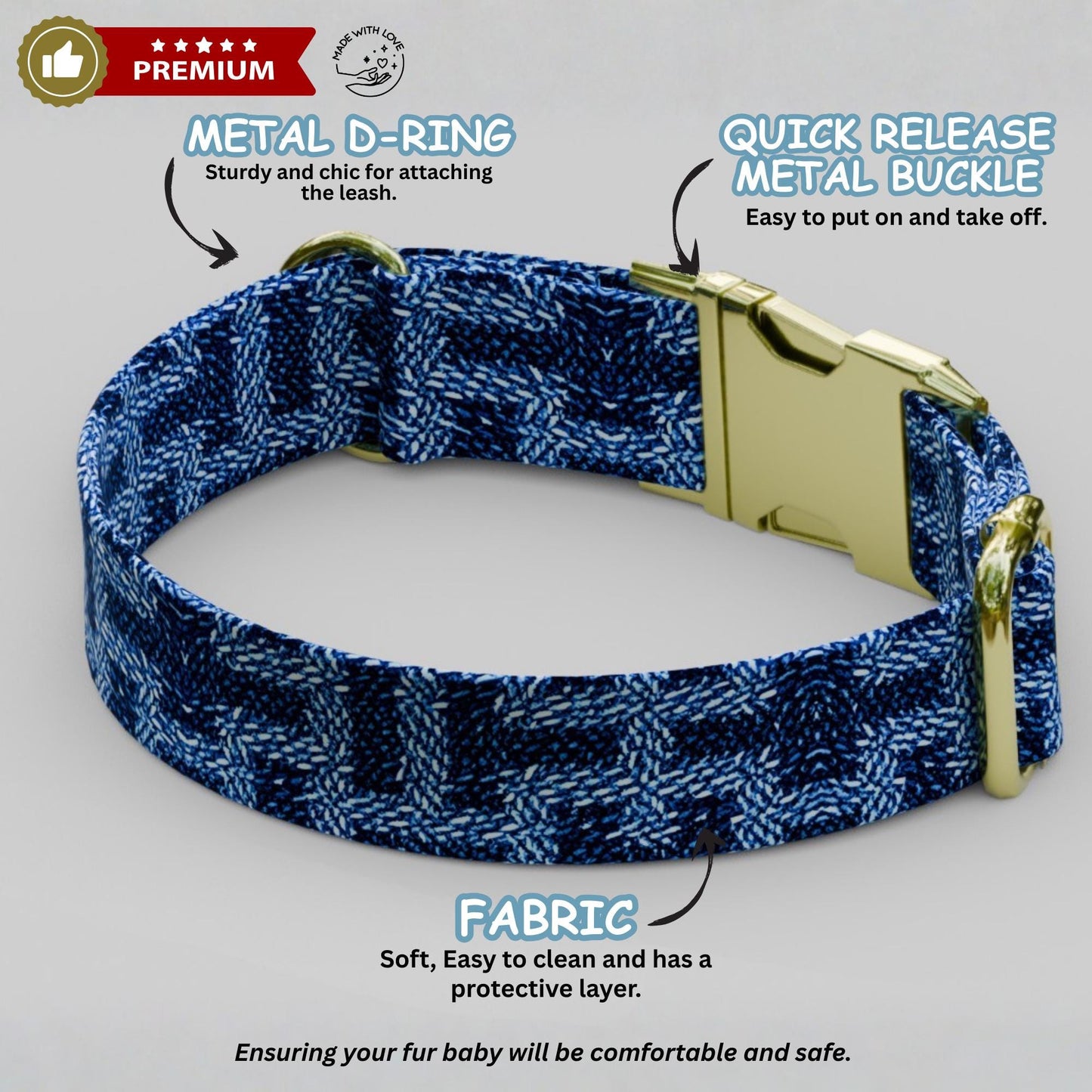 Denim Dream Personalized Dog Collar with Leash: Adjustable Metal Buckle Gift for Dogs (OG-450)