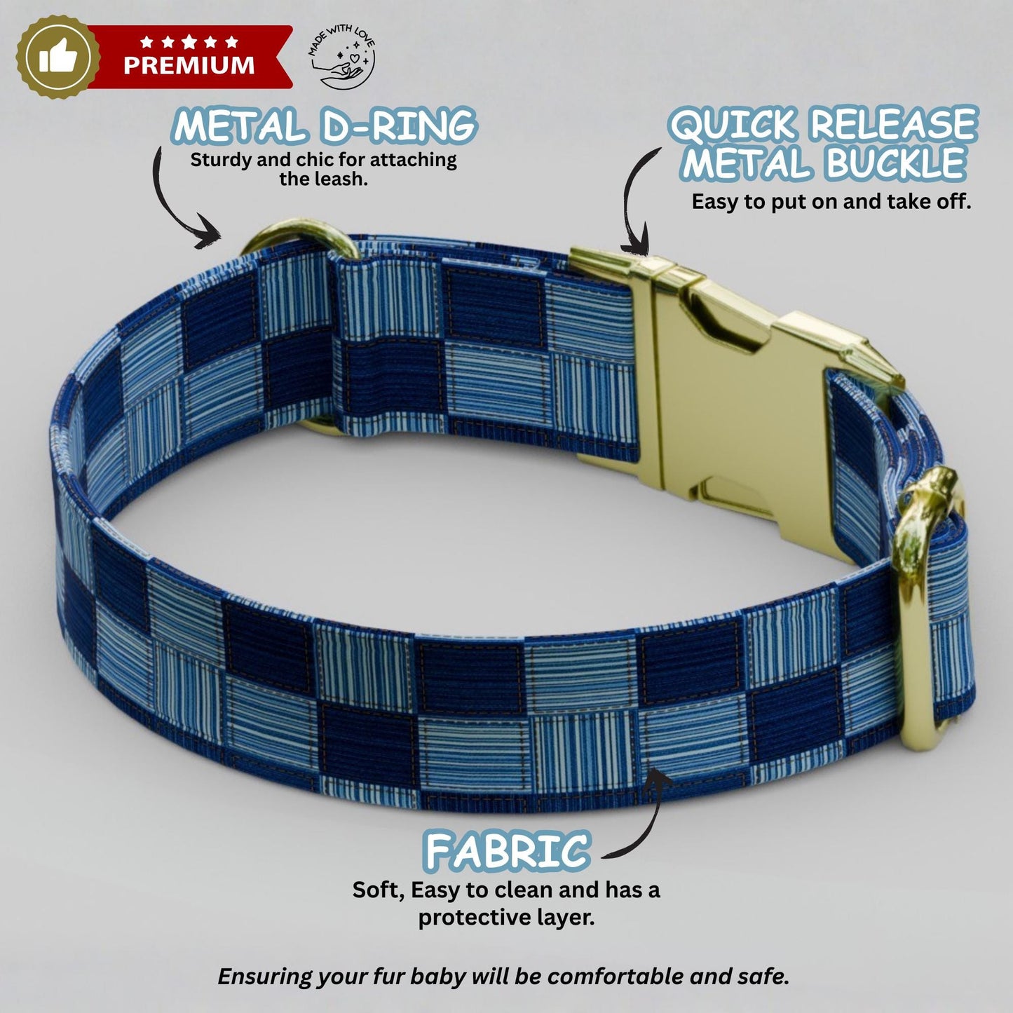 Denim Collar Custom Name Dog Collar With Gold Buckle Engraved Pet Tag Adjustable Jean Style (OG-451)