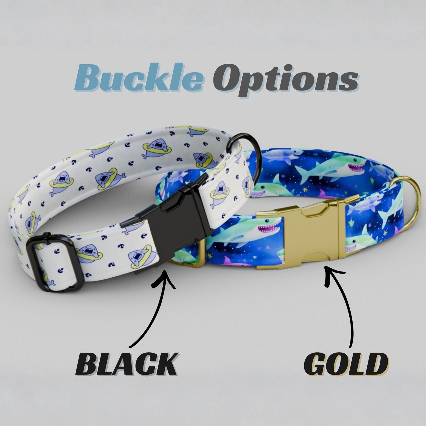 Shark Print Dog Collar with Leash: USA Handmade, Personalized Metal Buckle Ocean-Loving Pups (OG-452)