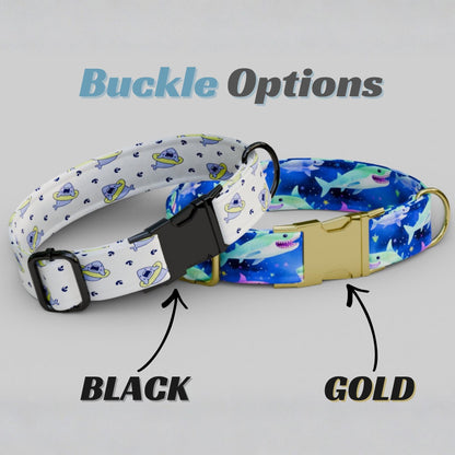 Shark Print Dog Collar with Leash: USA Handmade, Personalized Metal Buckle Ocean-Loving Pups (OG-452)