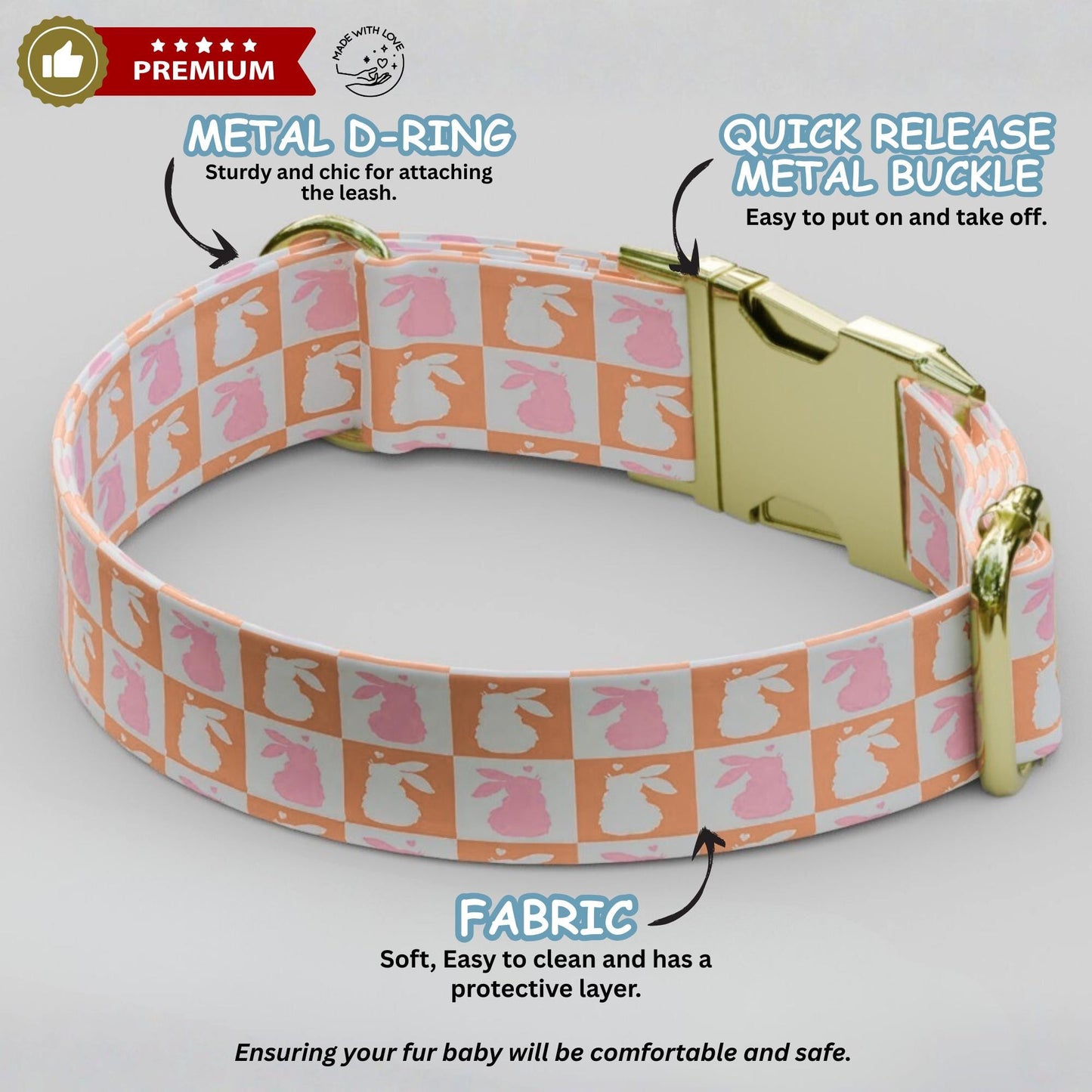 Personalized Bunny Hoppy Chic Dog Collar, Easter Colors - USA Handmade with matching LEASH, Gift Ready (OG-460)