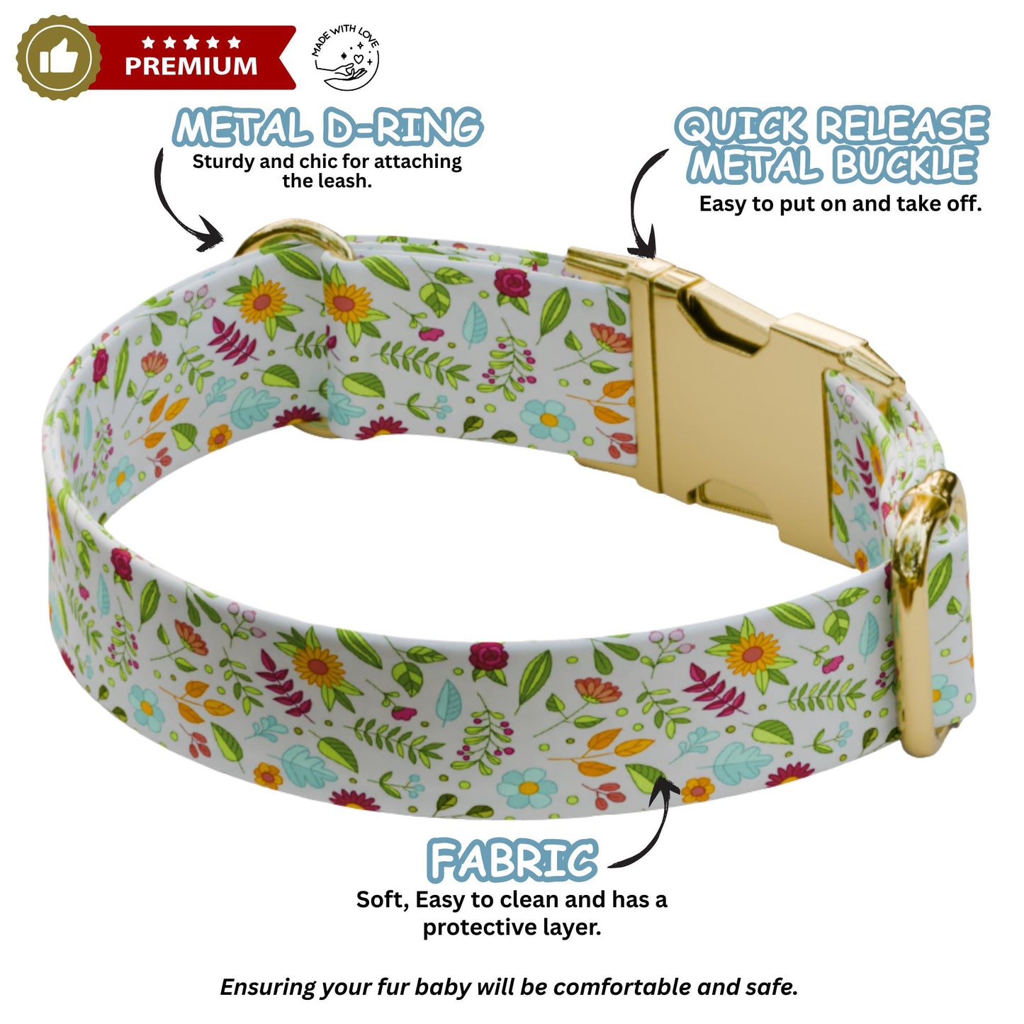 Floral Personalized Dog Collar with NamePlate Custom Engraved ID Flower for Girl Dogs (OG-518)