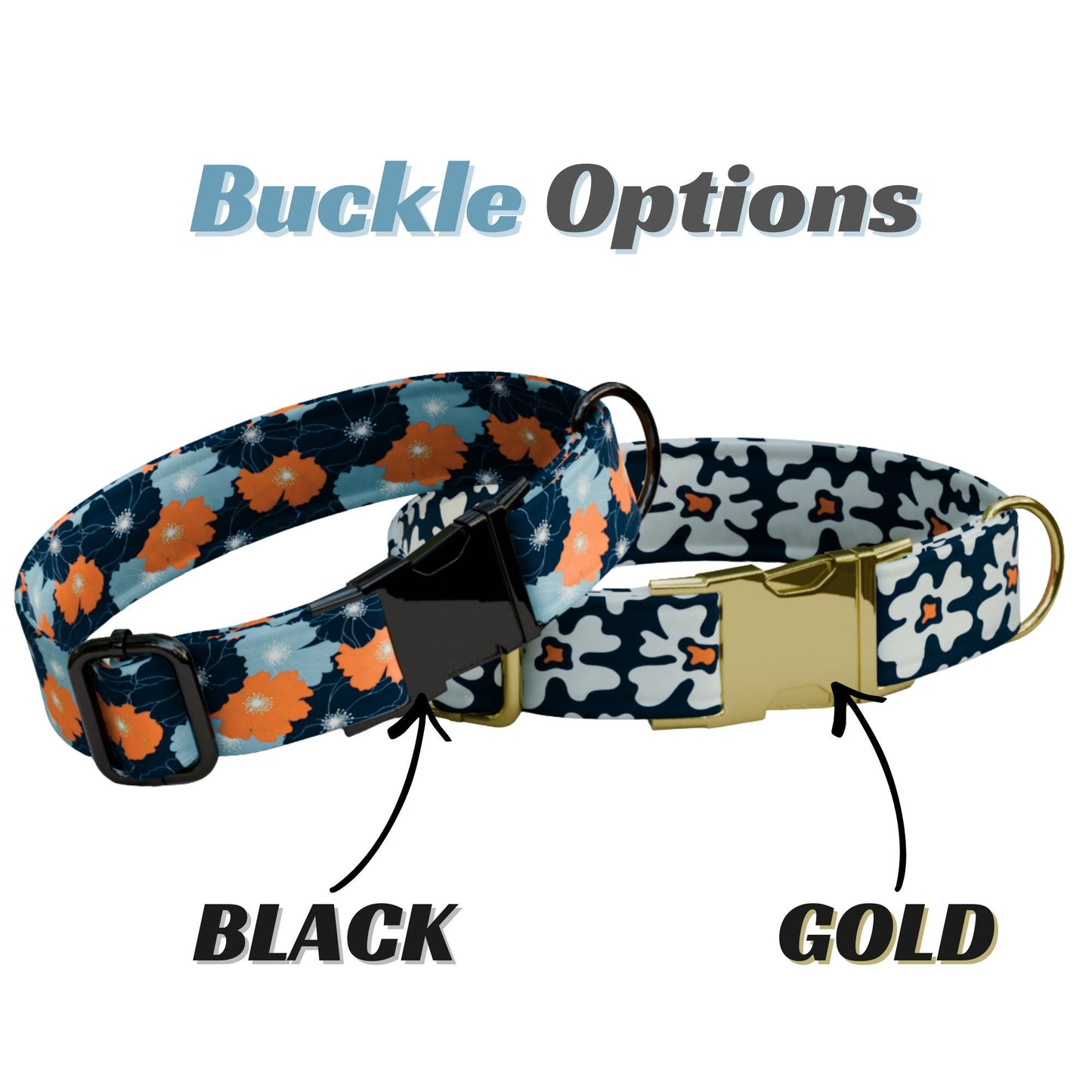 Blue Orange Floral Dog Collar Leash Set Personalized Engraved Pet Name Flowers Boho (OG-520)