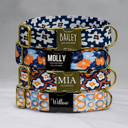 Blue Orange Floral Dog Collar Leash Set Personalized Engraved Pet Name Flowers Boho (OG-520)