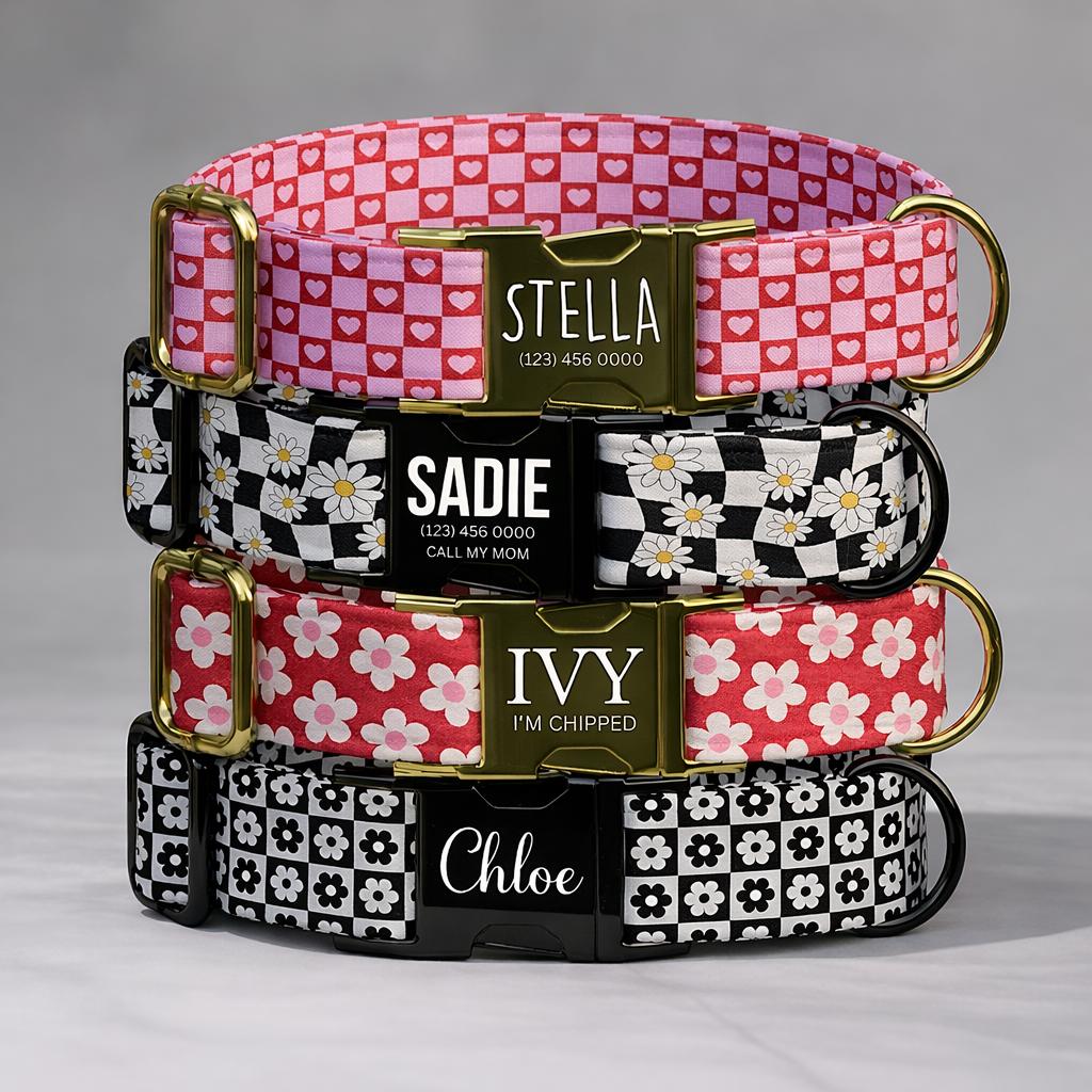 Red Black Personalized Floral Dog Collar with Name White Daisy Collar & Leash Set (OG-519)