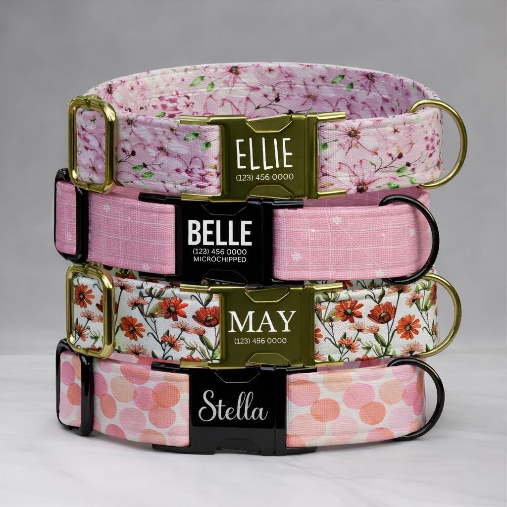 Pink Floral Personalized Dog Collar & Leash Set, Custom Engraved NamePlate Girl Pet Collar (OG-511)