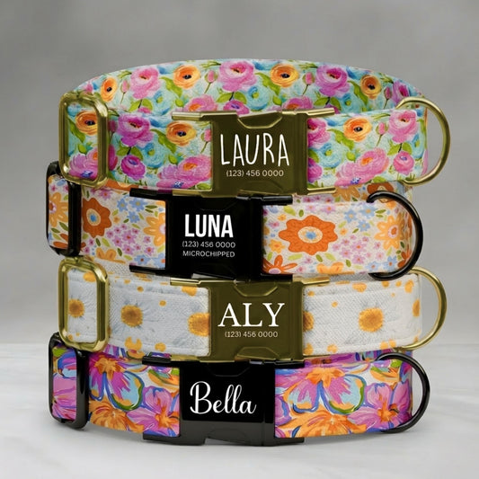 Bright Floral Personalized Dog Collar Custom Name Puppy Collar Colorful Flower Pet ID (OG-510)