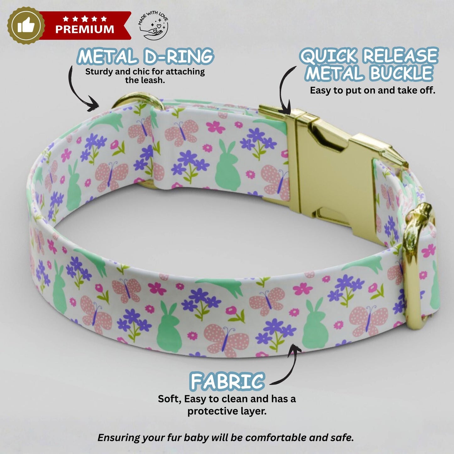 Pastel Easter Personalized Dog Collar Custom Name Bunny & Egg Spring Floral Girl Puppy (OG-467)