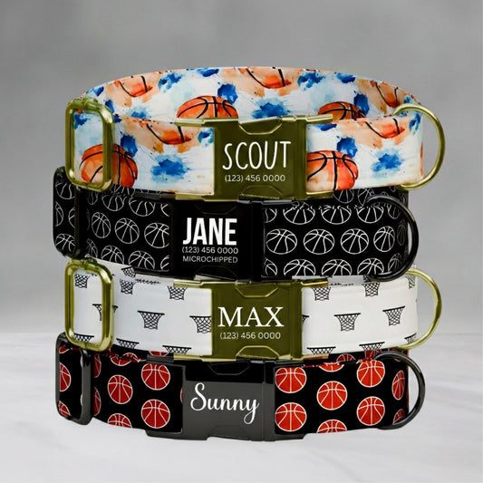 Basketball Print Dog Collar, Personalized Sports Theme- USA Handmade with matching LEASH, Custom Gift Ready (OG-456)