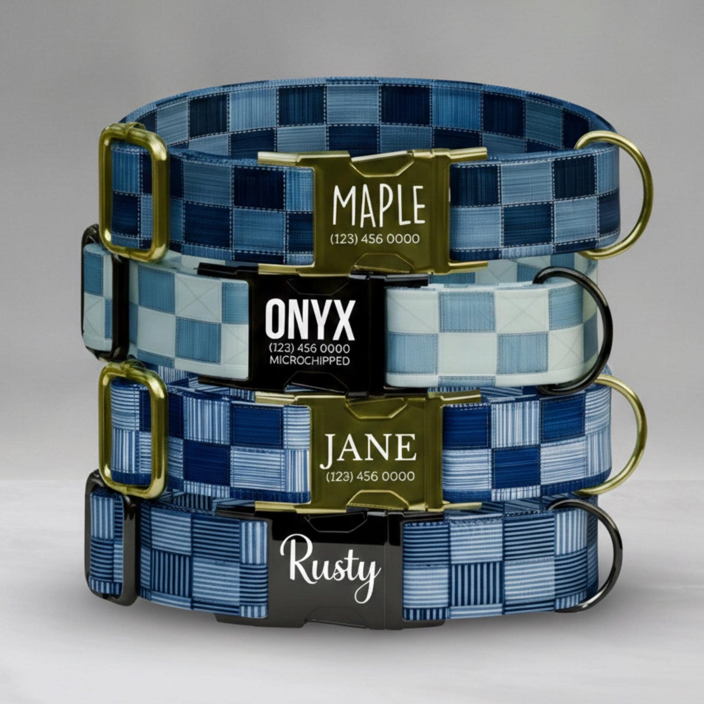 Denim Collar Custom Name Dog Collar With Gold Buckle Engraved Pet Tag Adjustable Jean Style (OG-451)