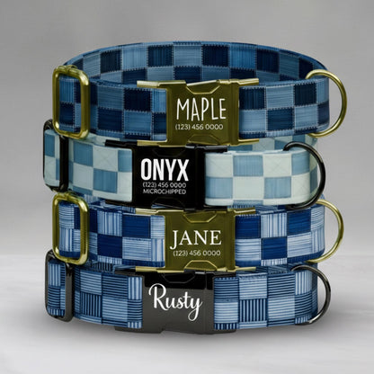Denim Collar Custom Name Dog Collar With Gold Buckle Engraved Pet Tag Adjustable Jean Style (OG-451)