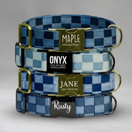 Denim Collar Custom Name Dog Collar With Gold Buckle Engraved Pet Tag Adjustable Jean Style (OG-451)