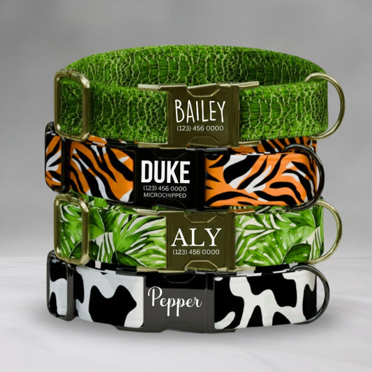 Wild & Luxe Personalized Dog Collar Safari Jungle Custom Name Engraved Collar + Leash Set (OG-454)