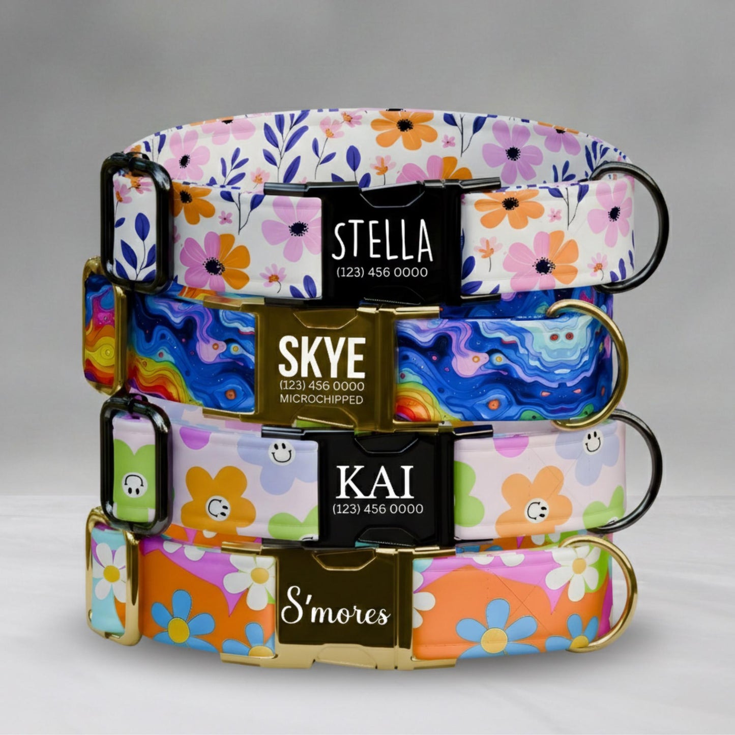 Floral and Retro Personalized Dog Collar & Leash Set | Engraved Nameplate Puppy Flower ID (OG-447)