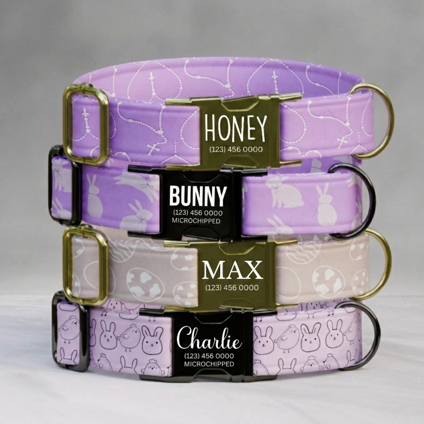 Easter Dog Collar Custom Bunny Name Collar Lilac Purple Spring Puppy Collar Engraved Pet ID Collar (OG-469)