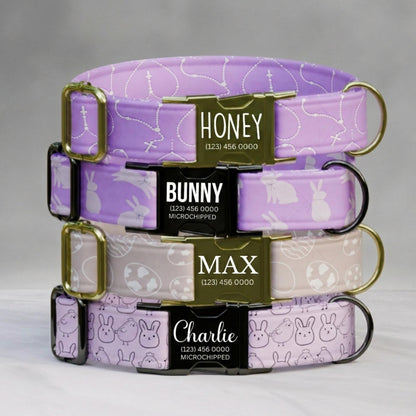 Easter Dog Collar Custom Bunny Name Collar Lilac Purple Spring Puppy Collar Engraved Pet ID Collar (OG-469)
