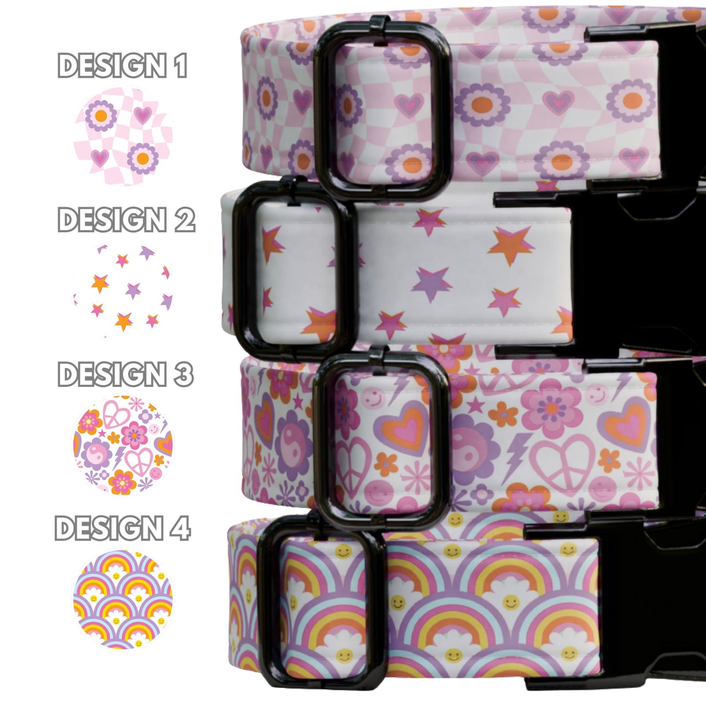 Groovy Pastel Personalized Dog Collar Retro Flower and Rainbow Vibes Puppy ID Tag (OG-525)