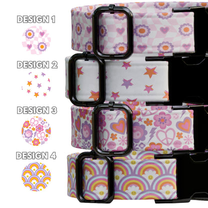 Groovy Pastel Personalized Dog Collar Retro Flower and Rainbow Vibes Puppy ID Tag (OG-525)