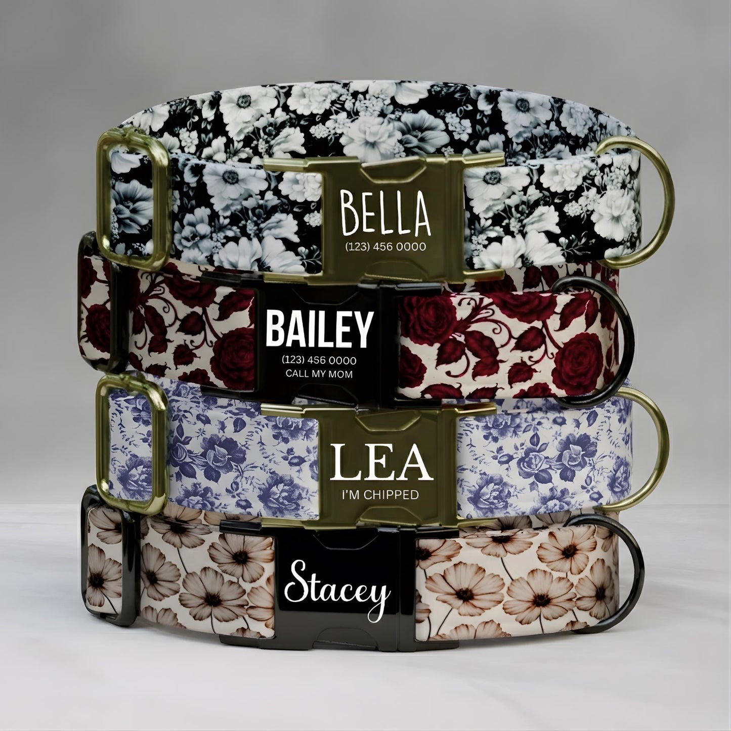 Floral Personalized Dog Collar Chic Vintage Custom Flower Collar & Leash Set Pet Gift (OG-527)