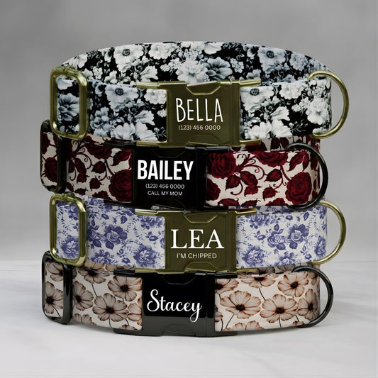 Floral Personalized Dog Collar Chic Vintage Custom Flower Collar & Leash Set Pet Gift (OG-527)