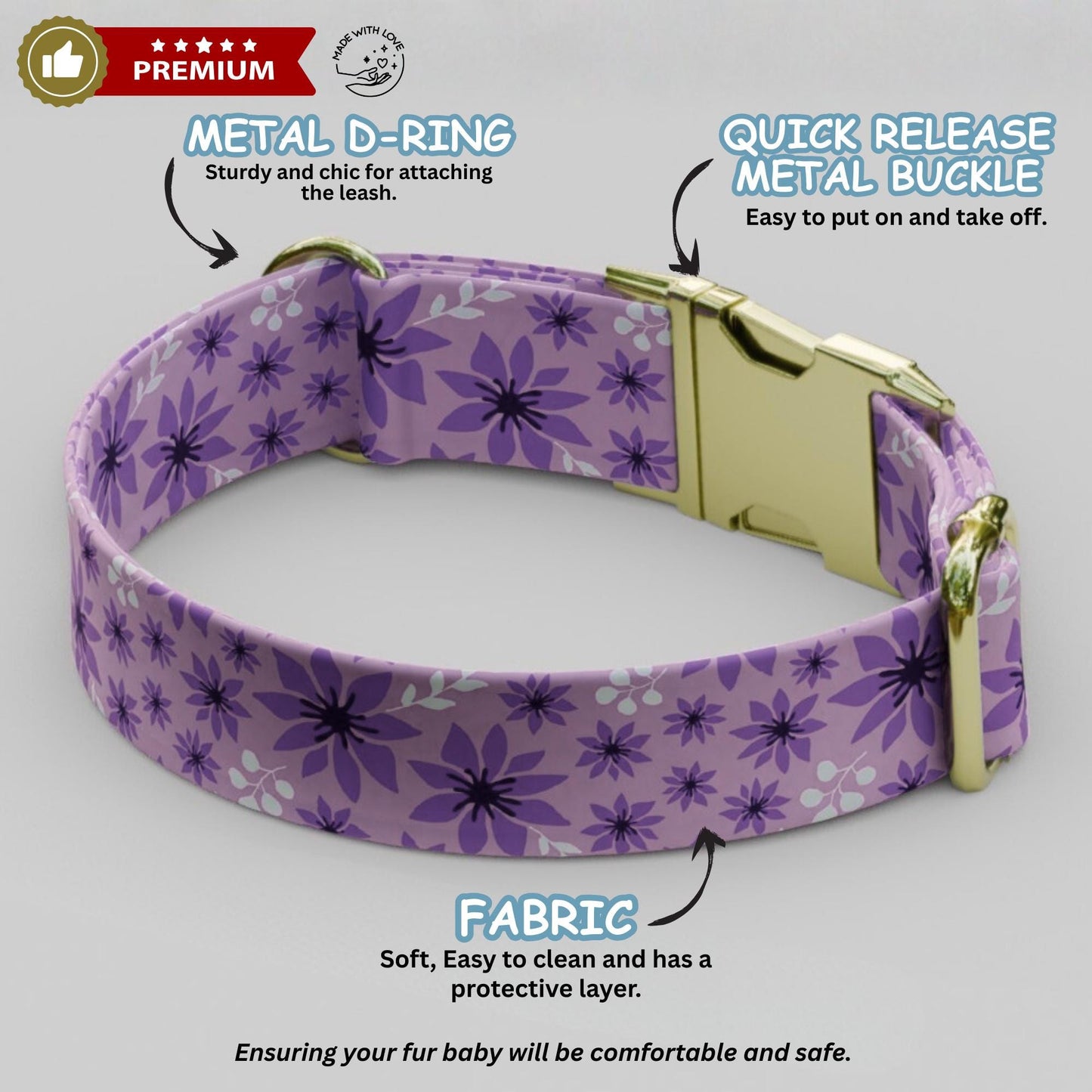 Purple Floral Personalized Wildflower Dog Collar Custom Spring Flower ID Tag For Puppies (OG-477)