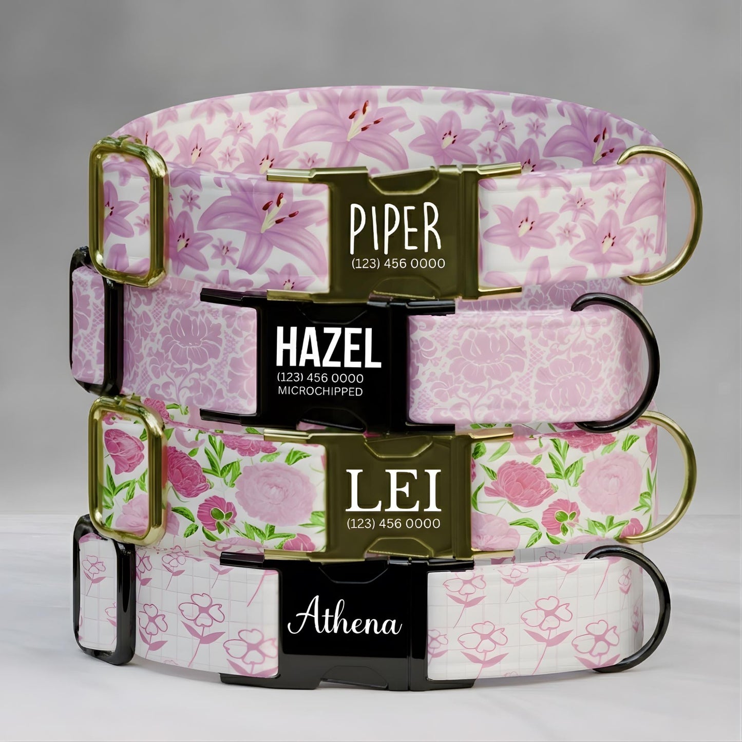 Pretty Pink Floral Personalized Dog Collar & Leash Set  Custom Flower Pet ID Gift (OG-481)