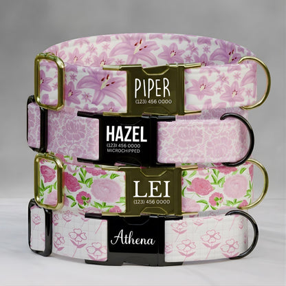 Pretty Pink Floral Personalized Dog Collar & Leash Set  Custom Flower Pet ID Gift (OG-481)