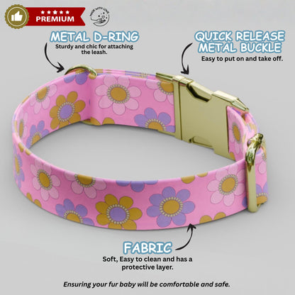 Pink Floral Personalized Dog Collar & Leash Set | Engraved Nameplate Flower Design (OG-482)