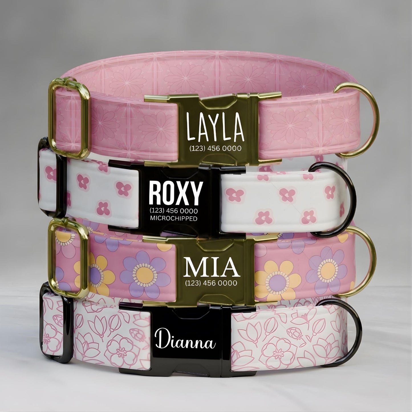 Pink Floral Personalized Dog Collar & Leash Set | Engraved Nameplate Flower Design (OG-482)
