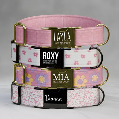 Pink Floral Personalized Dog Collar & Leash Set | Engraved Nameplate Flower Design (OG-482)