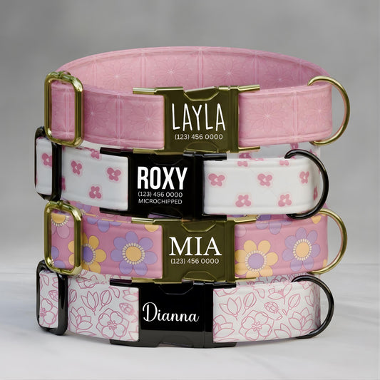 Pink Floral Personalized Dog Collar & Leash Set | Engraved Nameplate Flower Design (OG-482)