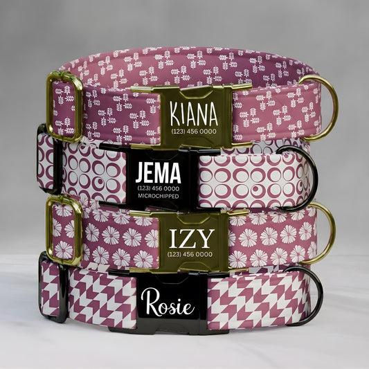 Blush Blossom Personalized Dog Collar & Leash Set Custom Pink Girly Dog Tag Gift (OG-483)