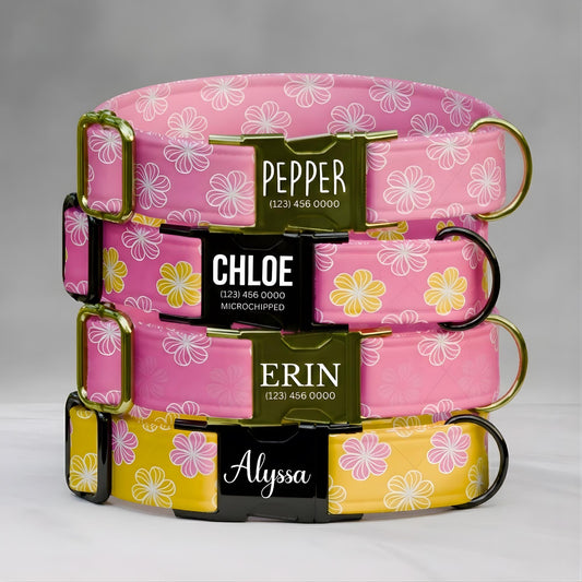 Pink and Yellow Floral Personalized Dog Collar & Leash Set Tropical Flower Girl Dogs (OG-485)