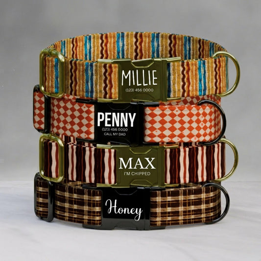 Retro Stripe Dog Collar Personalized Vintage Checkered & Plaid Vibes Custom Boho Pup Style (OG-537)