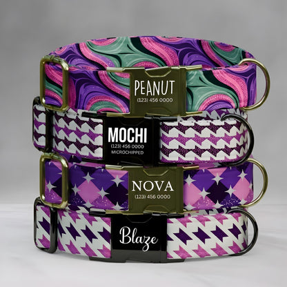 Groovy Purple Personalized Dog Collar Custom Name Retro Pattern Puppy Pet ID Tag (OG-493)
