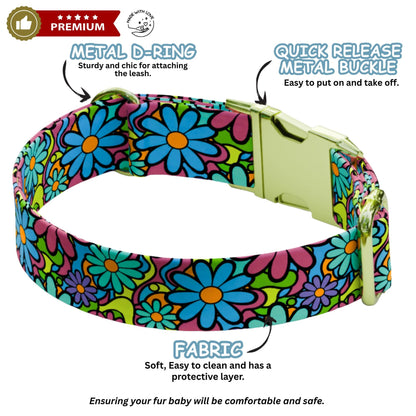 Groovy Flower Power Custom Dog Collar & Leash Set Personalized Retro Floral Pet Collar (OG-546)