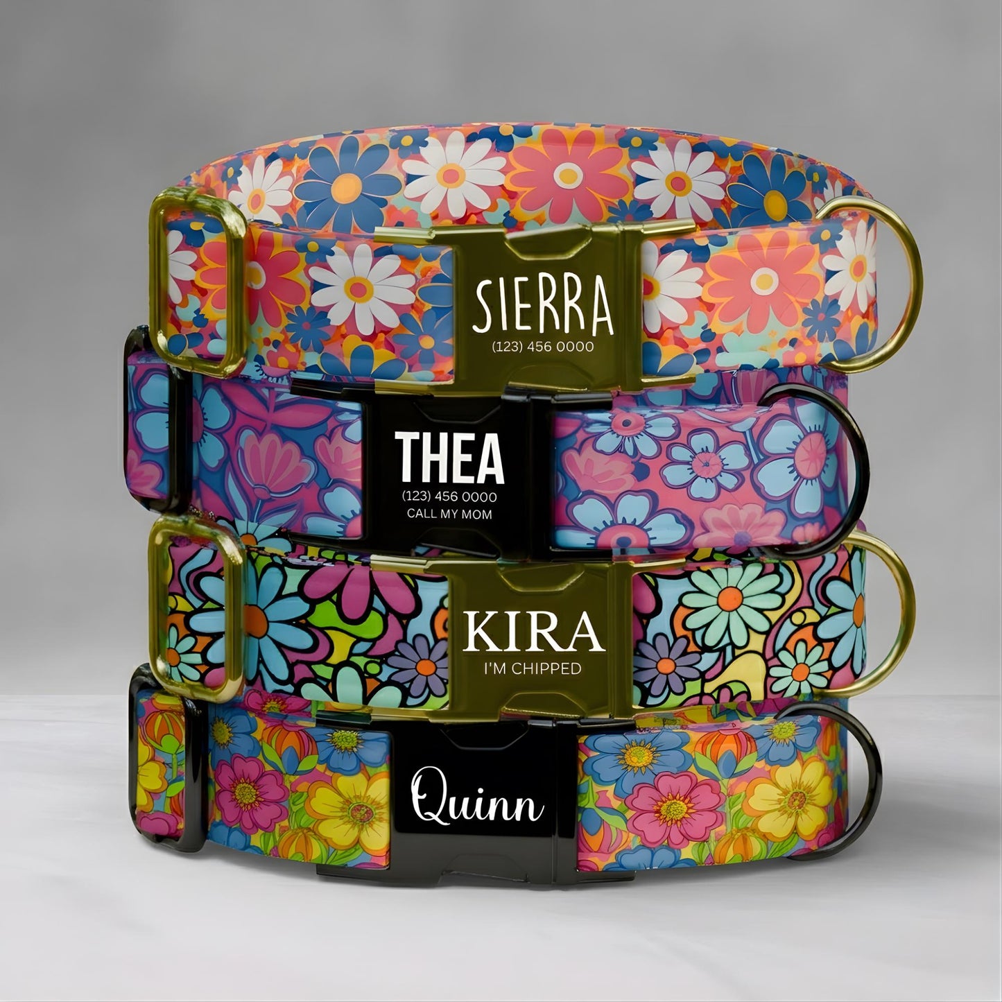 Groovy Flower Power Custom Dog Collar & Leash Set Personalized Retro Floral Pet Collar (OG-546)