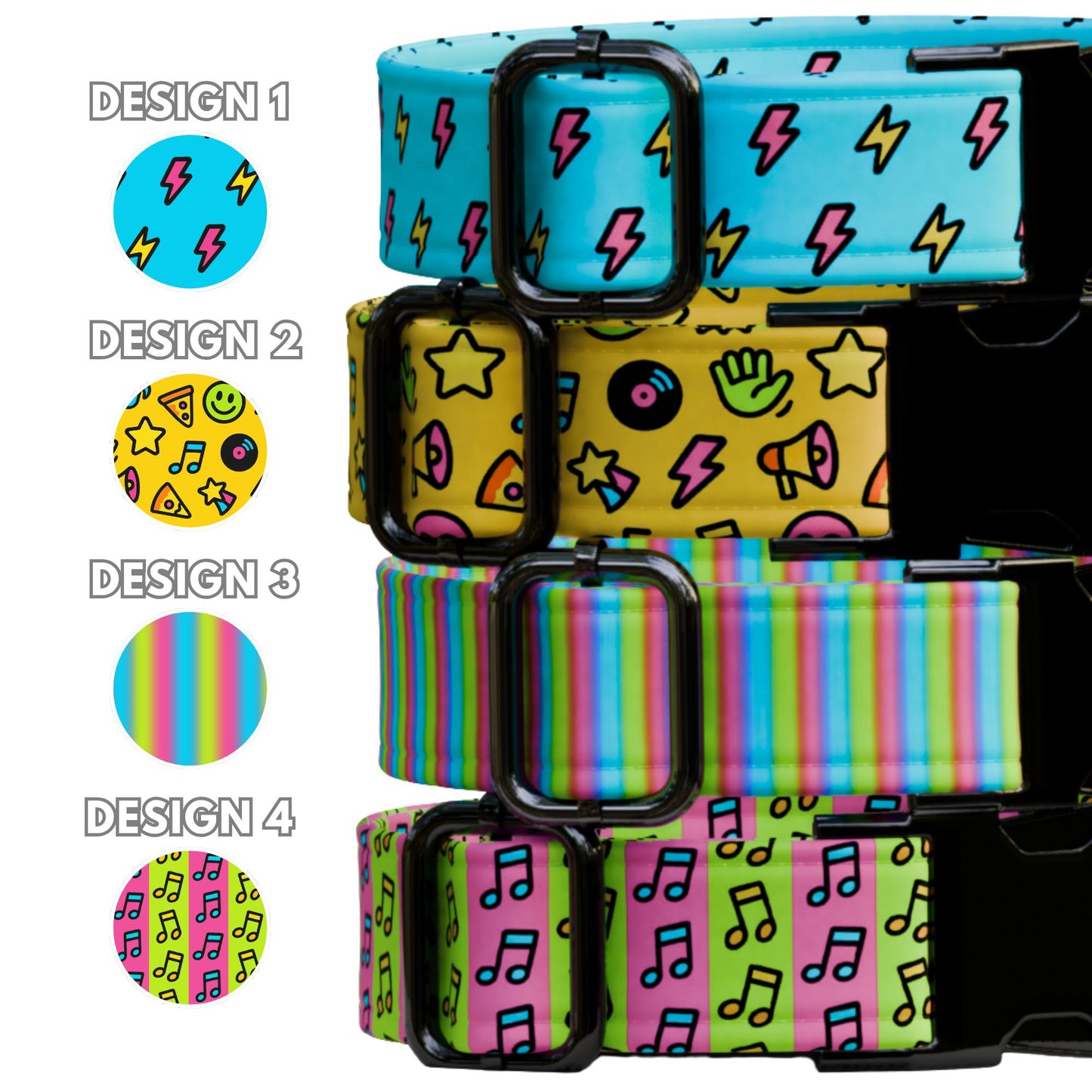 Retro Personalized Dog Collar Leash Set: Neon Pop Art Music Print, Handmade USA (OG-547)