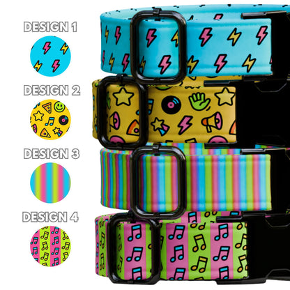 Retro Personalized Dog Collar Leash Set: Neon Pop Art Music Print, Handmade USA (OG-547)