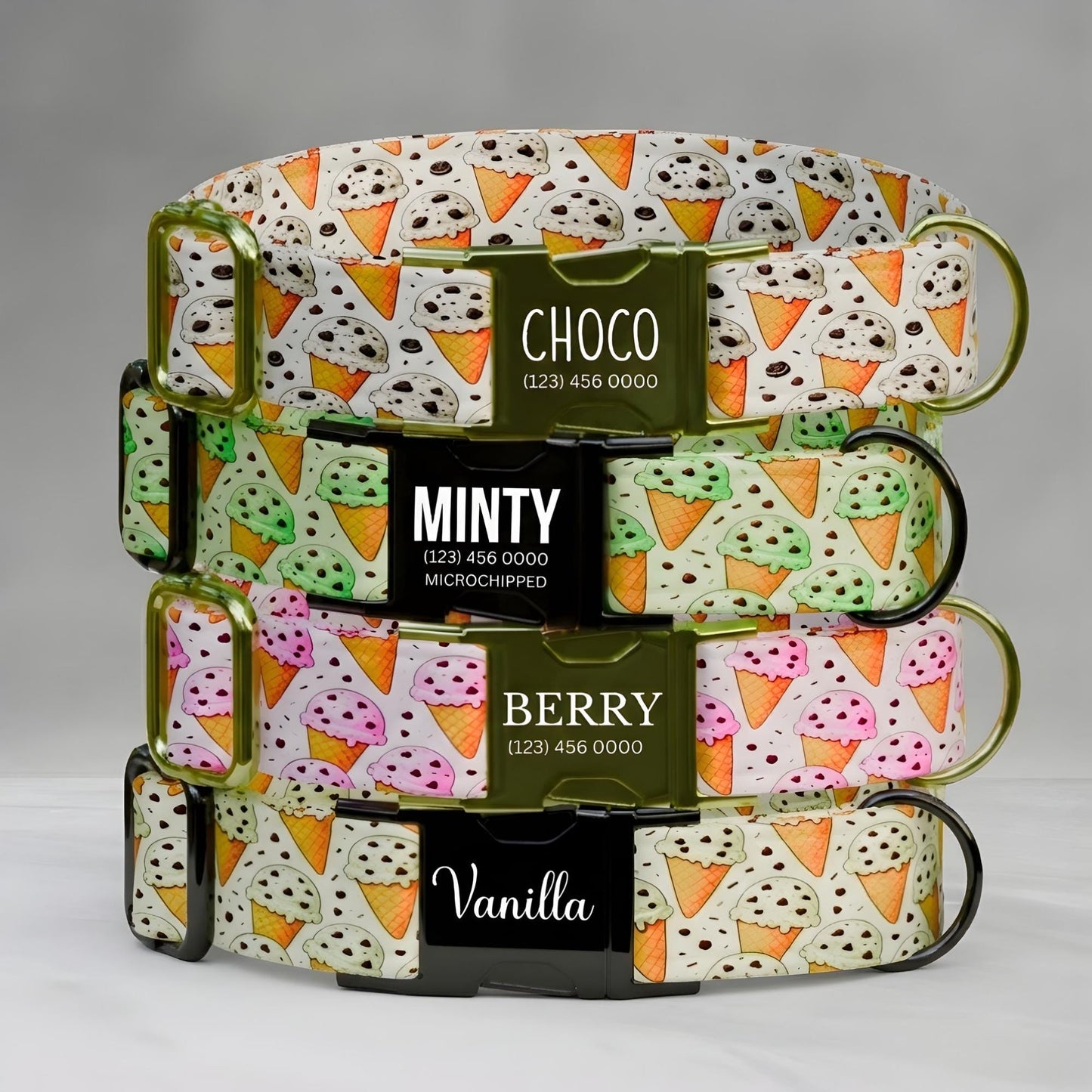 Strawberry Chocolate Chip Ice Cream Personalized Dog Collar Engraved Buckle, Handmade in USA (OG-494)